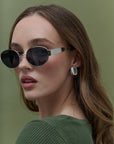 Round Silver Metal Oval Sunglasses in Black