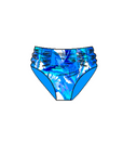 Blue and white tropical leaf pattern fabric womens swimwear bikini pants Kokomo mid rise swim bottom by brand Baku front view