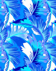 Blue and white tropical leaf pattern fabric close up for womens swimwear bikini pants Kokomo mid rise swim bottom by brand Baku