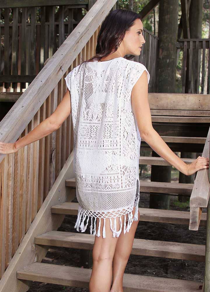 La Sculpte - Crochet Tassels Kaftan Dress White