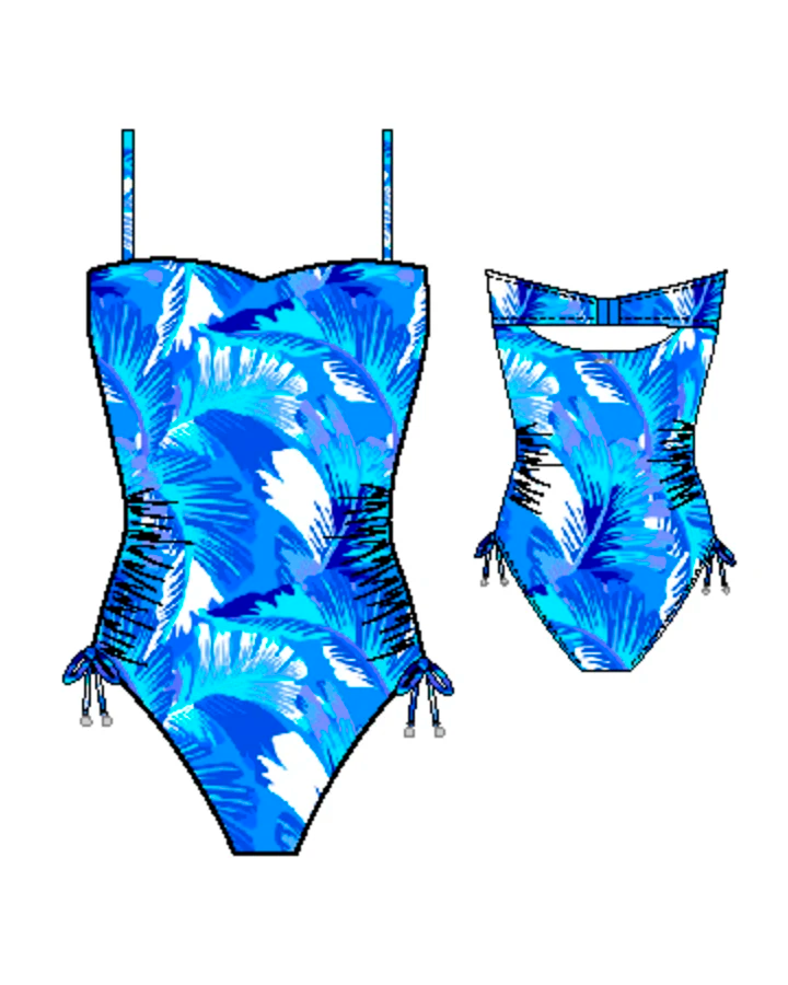 Blue and white tropical patterned one piece womens swimsuit in style Kokomo by brand Baku front and back view 
