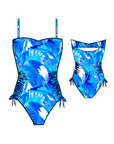 Blue and white tropical patterned one piece womens swimsuit in style Kokomo by brand Baku front and back view 