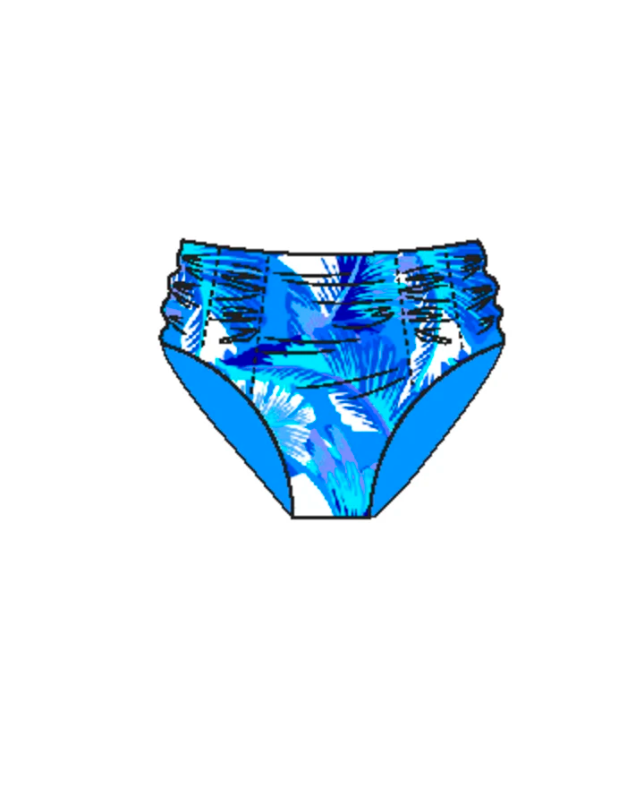 Blue and white tropical leaf pattern fabric womens swimwear bikini pants Kokomo mid rise swim bottom by brand Baku front view