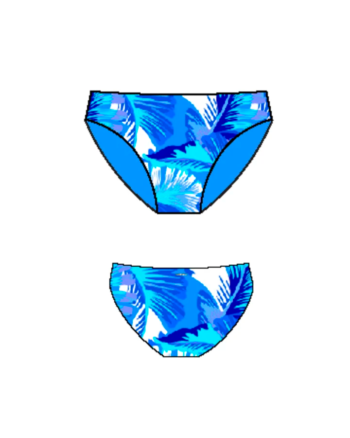 Blue and white tropical patterned regular bikini bottoms drawing in style Kokomo by brand Baku front and back view