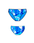 Blue and white tropical patterned regular bikini bottoms drawing in style Kokomo by brand Baku front and back view