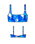Blue and white tropical patterned womens square neck bikini top drawing in style Kokomo by brand Baku front and back view
