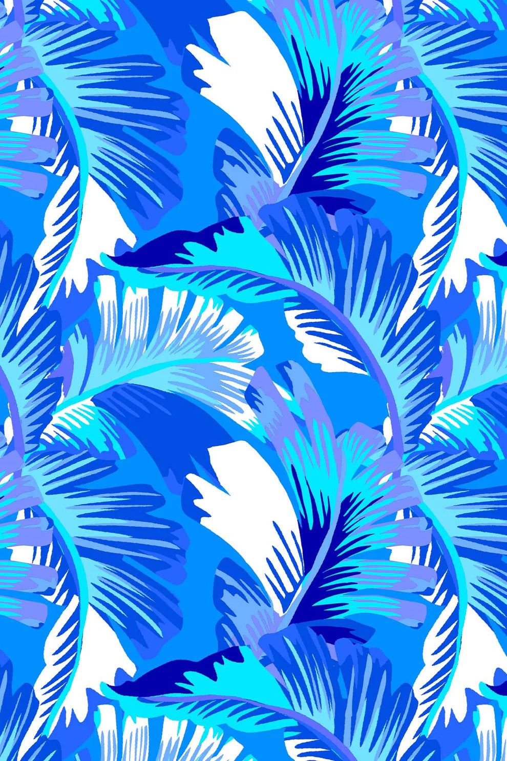Blue and white tropical leaf patterned fabric swatch of womens bikini swimsuit in style Kokomo by brand Baku 