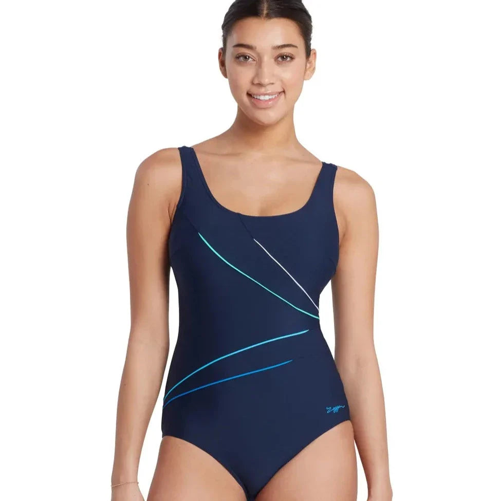 Woman wearing Macmasters Scoopback One Piece Swimsuit in Navy Blue with blue and white line design for A-Dcup size bust with good coverage by brand Zoggs front view 