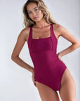 La Sculpte - Tummy Control Squre Neck Textured One Piece Swimsuit Berry